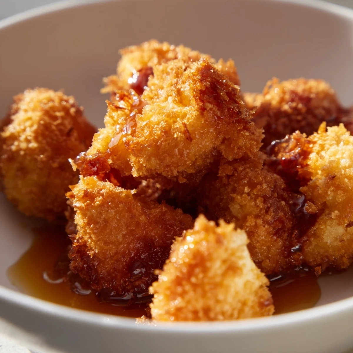 Freshly baked cauliflower bites drizzled with sweet hot honey glaze, ready to serve as an appetizer.