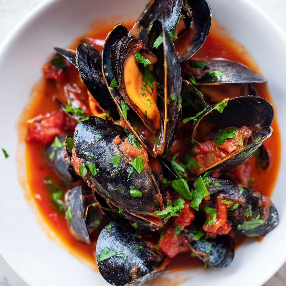 Steamed mussels in a smoky tomato pomodoro sauce served with lemon wedges and crusty bread on a rustic table.  