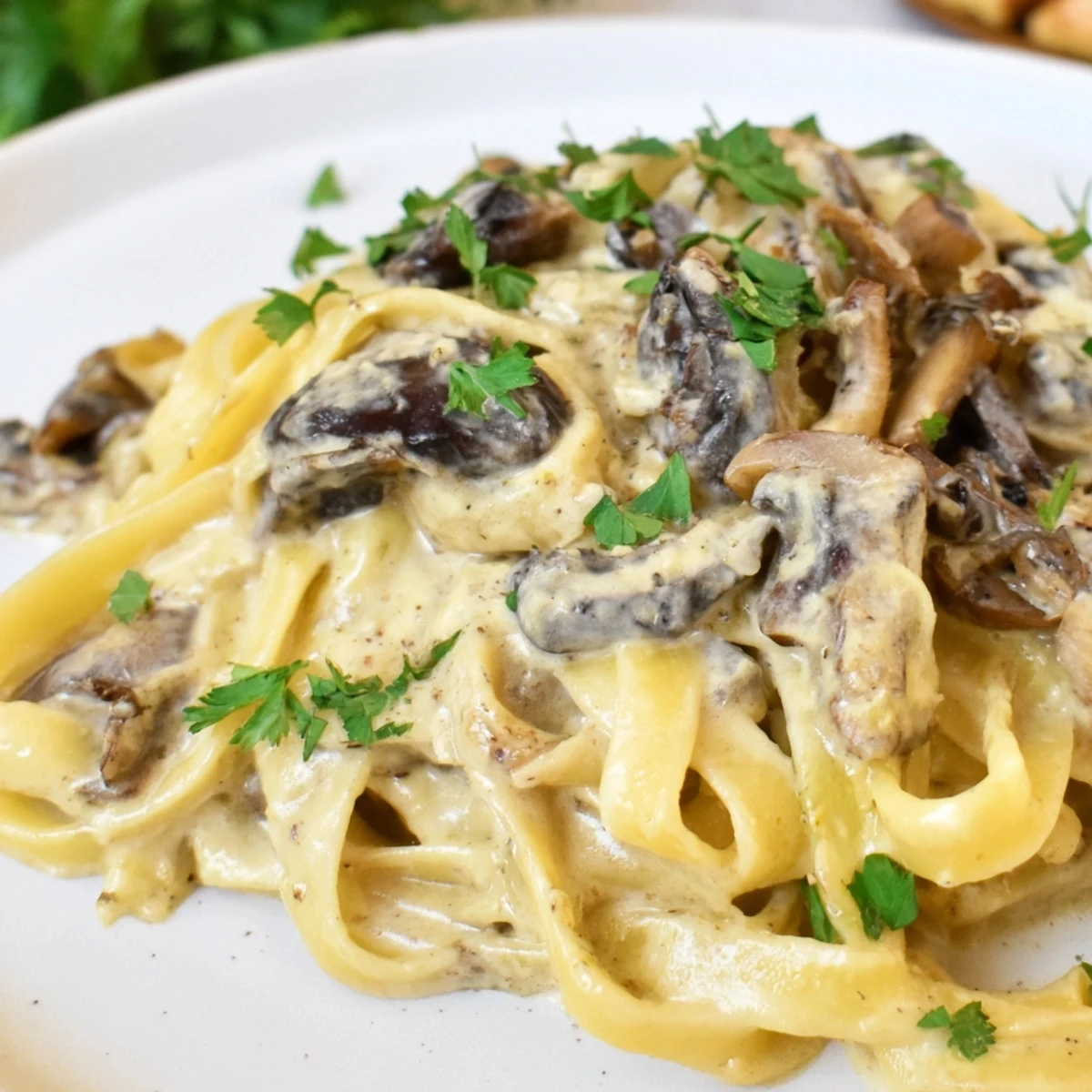 Creamy Mushroom Stroganoff served in a bowl, featuring wide egg noodles tossed in a rich, tangy miso sauce with sautéed mushrooms and fresh parsley garnish.