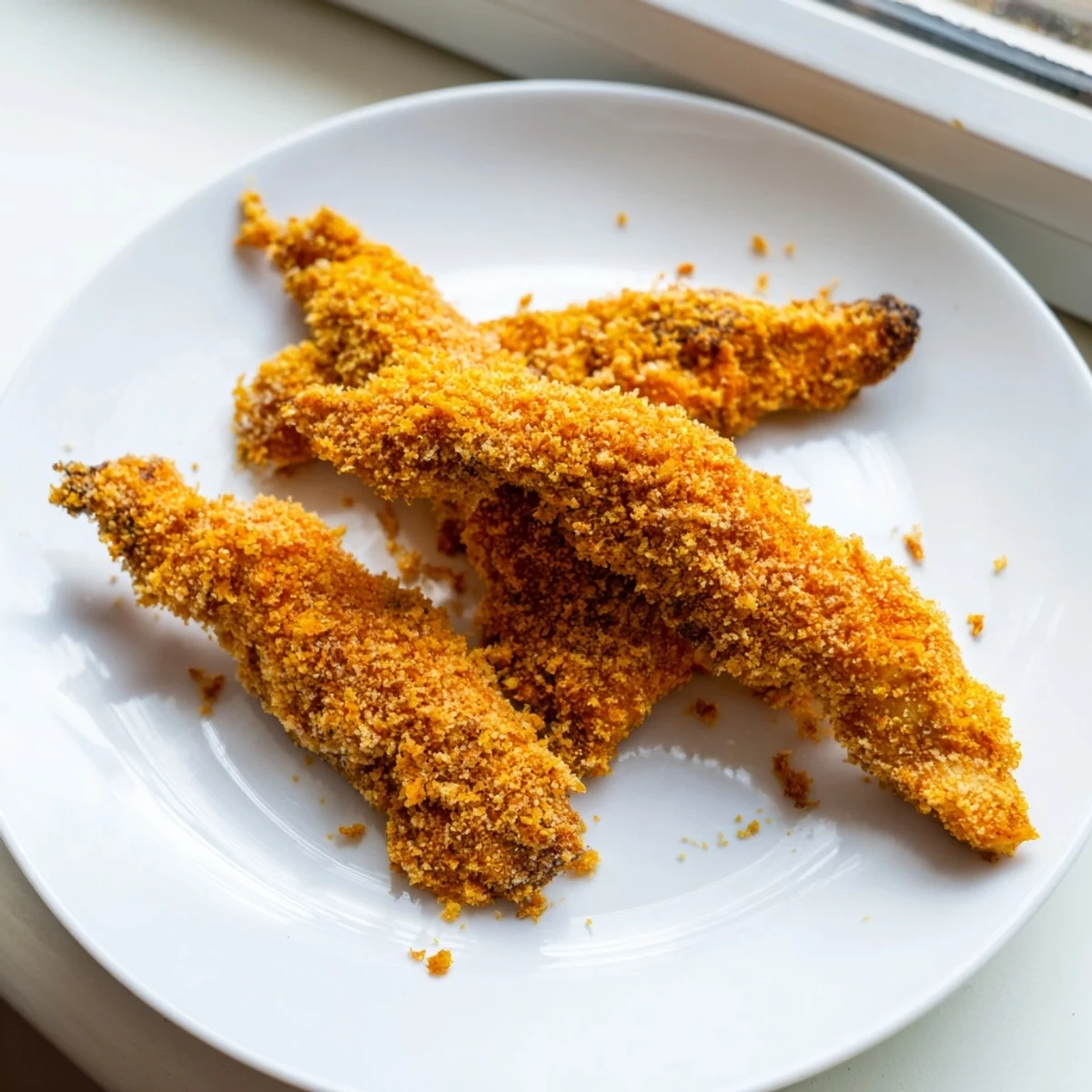 Crispy Turmeric Chicken Tenders are golden and crunchy, served hot from the oven with a side of creamy yogurt-herb dip.