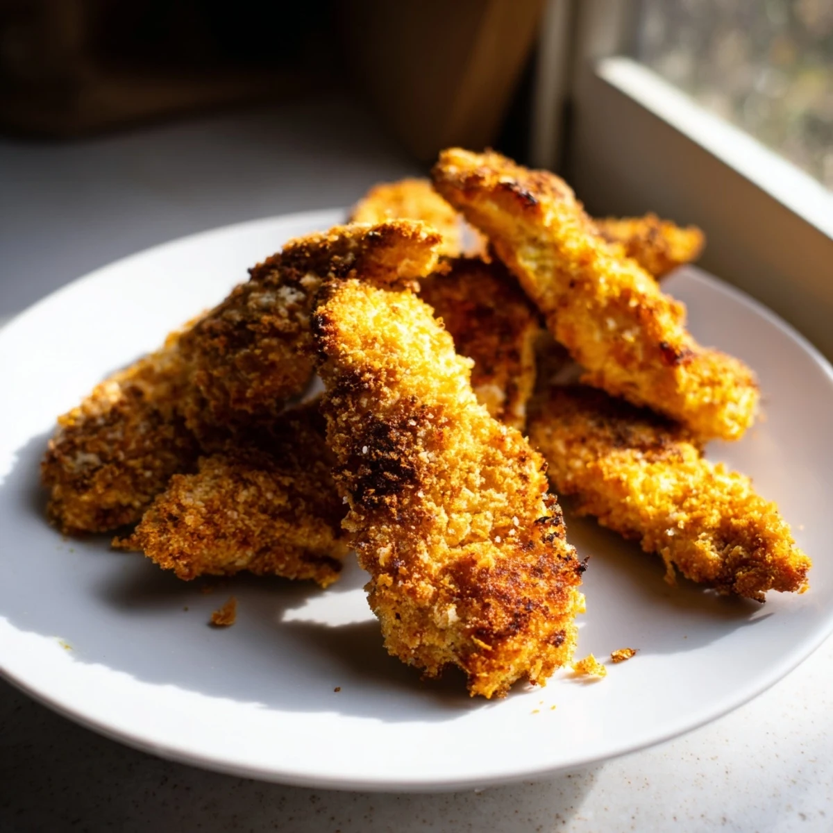 Golden-brown Crispy Turmeric Chicken Tenders rest on a wire rack, showcasing aromatic spices and a perfectly baked, family-friendly main dish.