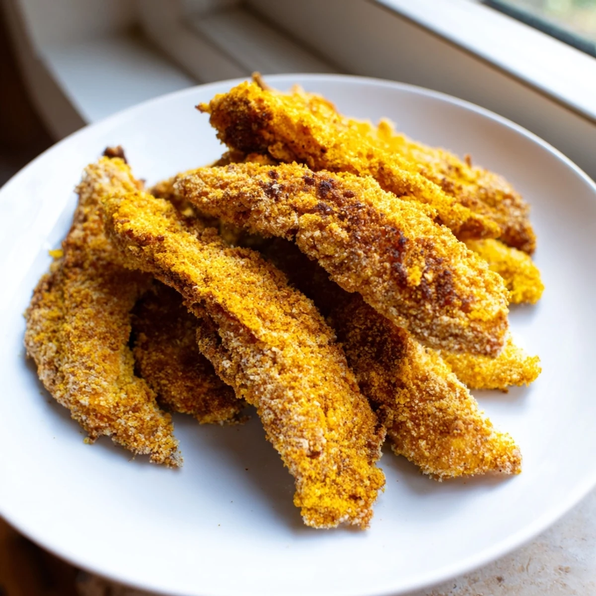 Serve these flavorful Crispy Turmeric Chicken Tenders with a drizzle of sweet chili sauce for a vibrant, easy weeknight dinner.