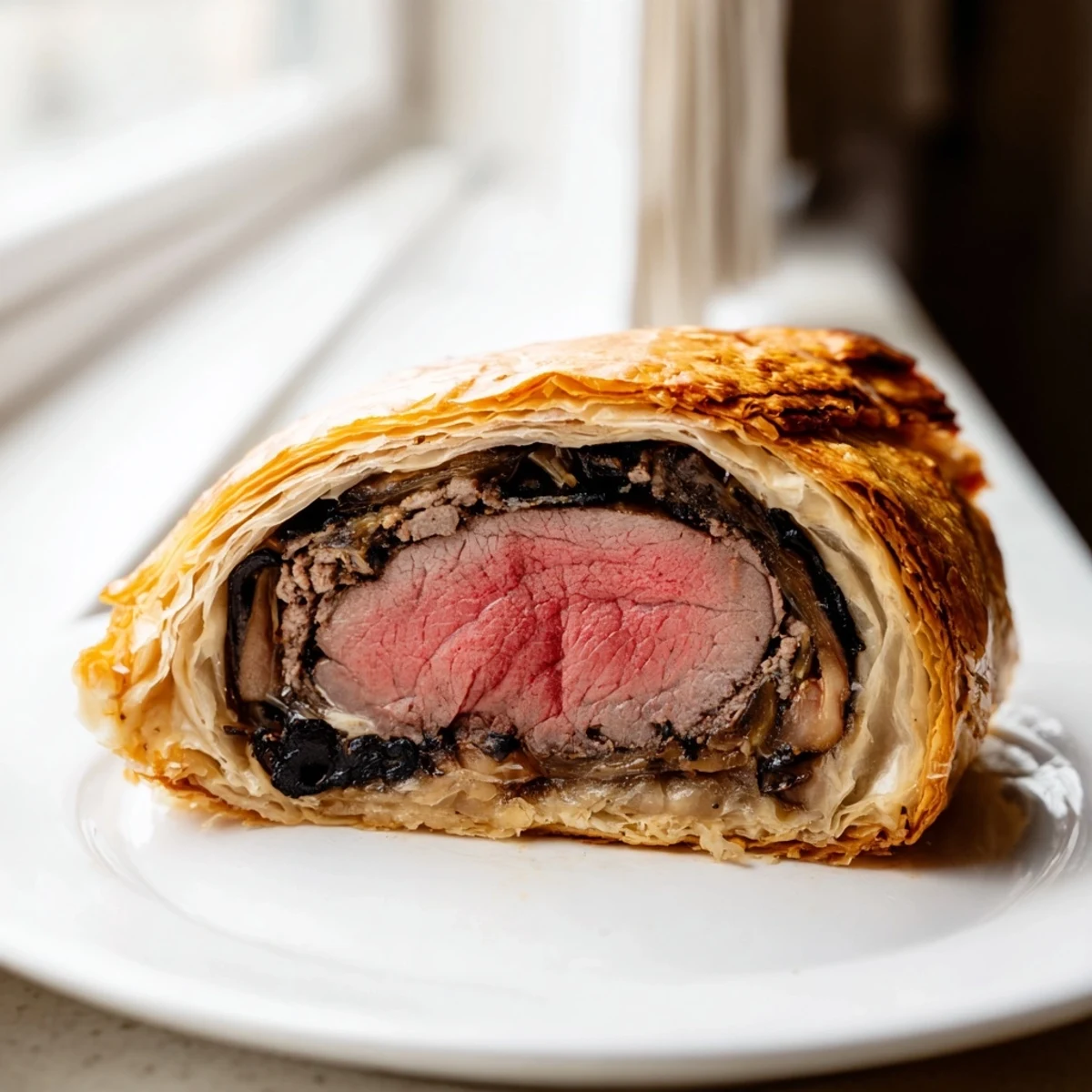 Classic Beef Wellington served with a rich red wine jus, perfect for elegant holiday meals.