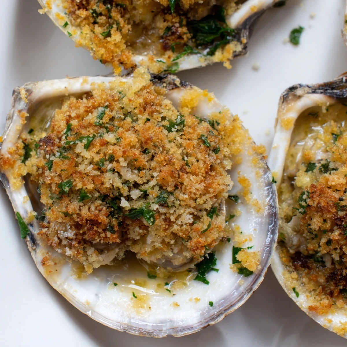 Sixteen roasted clams with lemony panko crumble, served as a bright seafood appetizer for a casual dinner party.