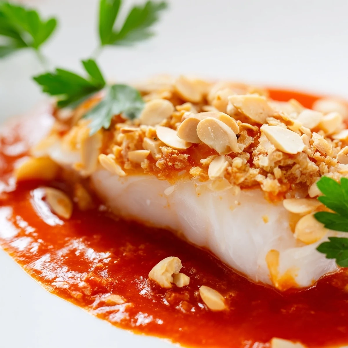 Golden-baked Tomato-Roasted Cod with spiced almonds sits atop fluffy ginger rice, garnished with parsley and lemon wedges on a rustic plate.