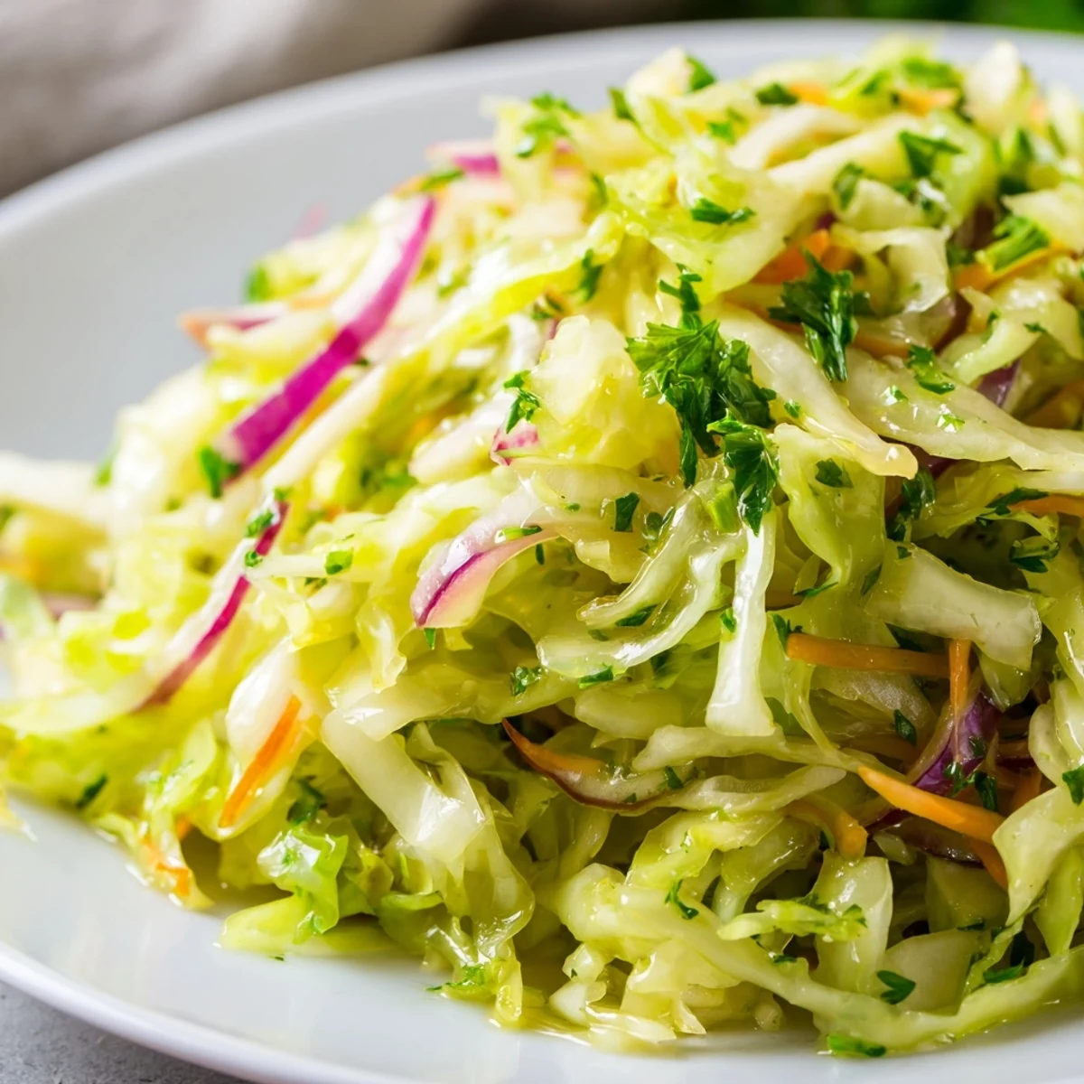 Enjoy a tangy and herbaceous Cooked and Loved Cabbage Salad, a vegetarian and gluten-free side dish topped with toasted walnuts and a light Dijon dressing.