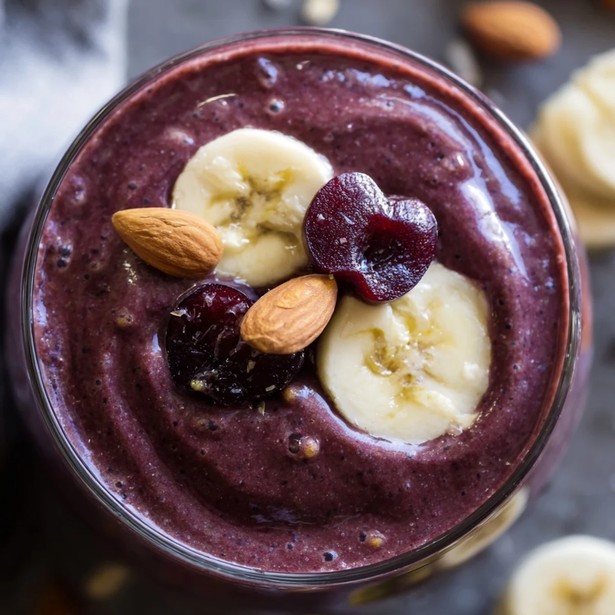 A close-up of a thick, creamy Cherry Almond Smoothie poured into a glass, showing its vibrant red color and smooth texture.