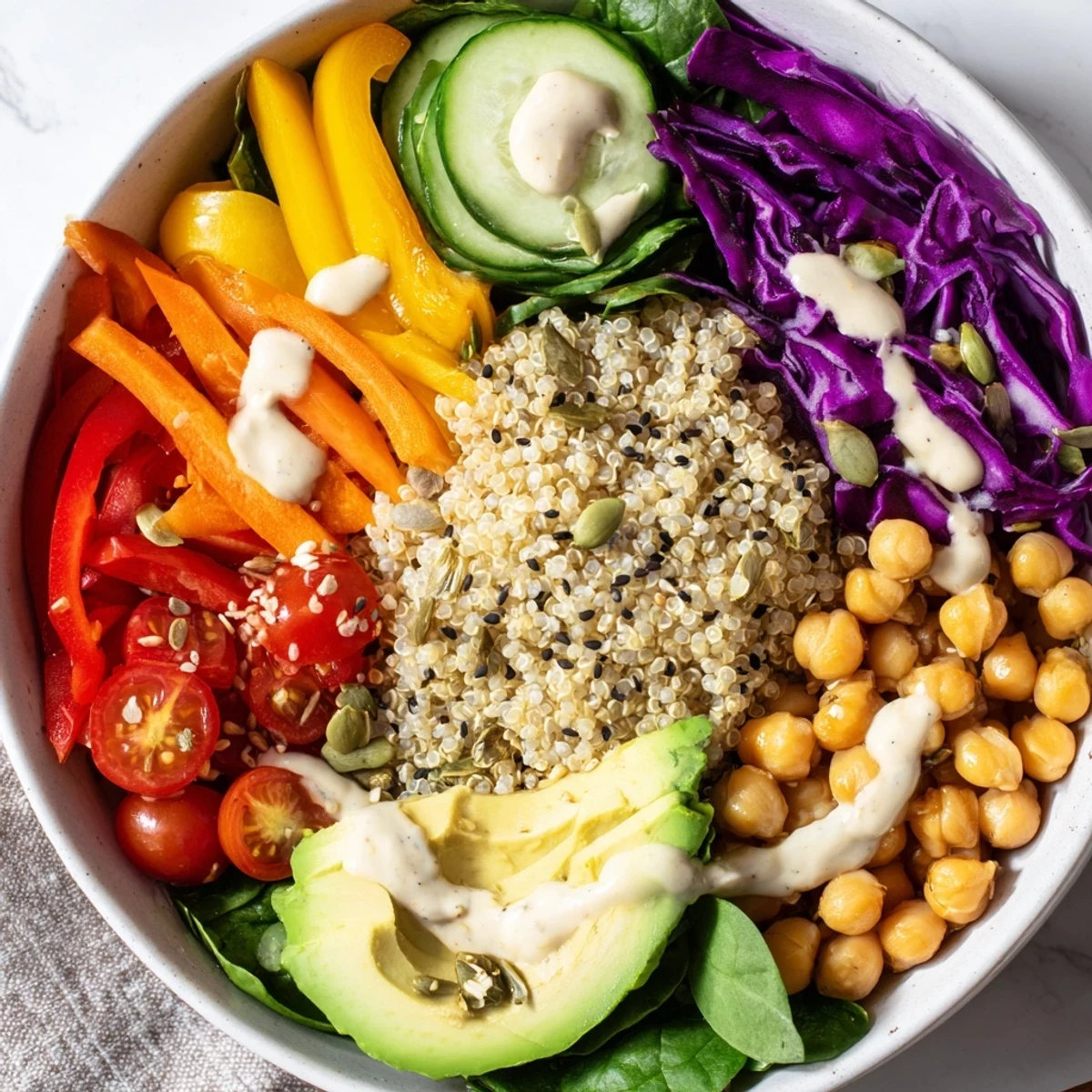 Colorful Rainbow Buddha Bowl With Quinoa topped with crisp red cabbage, carrots, and creamy avocado slices.