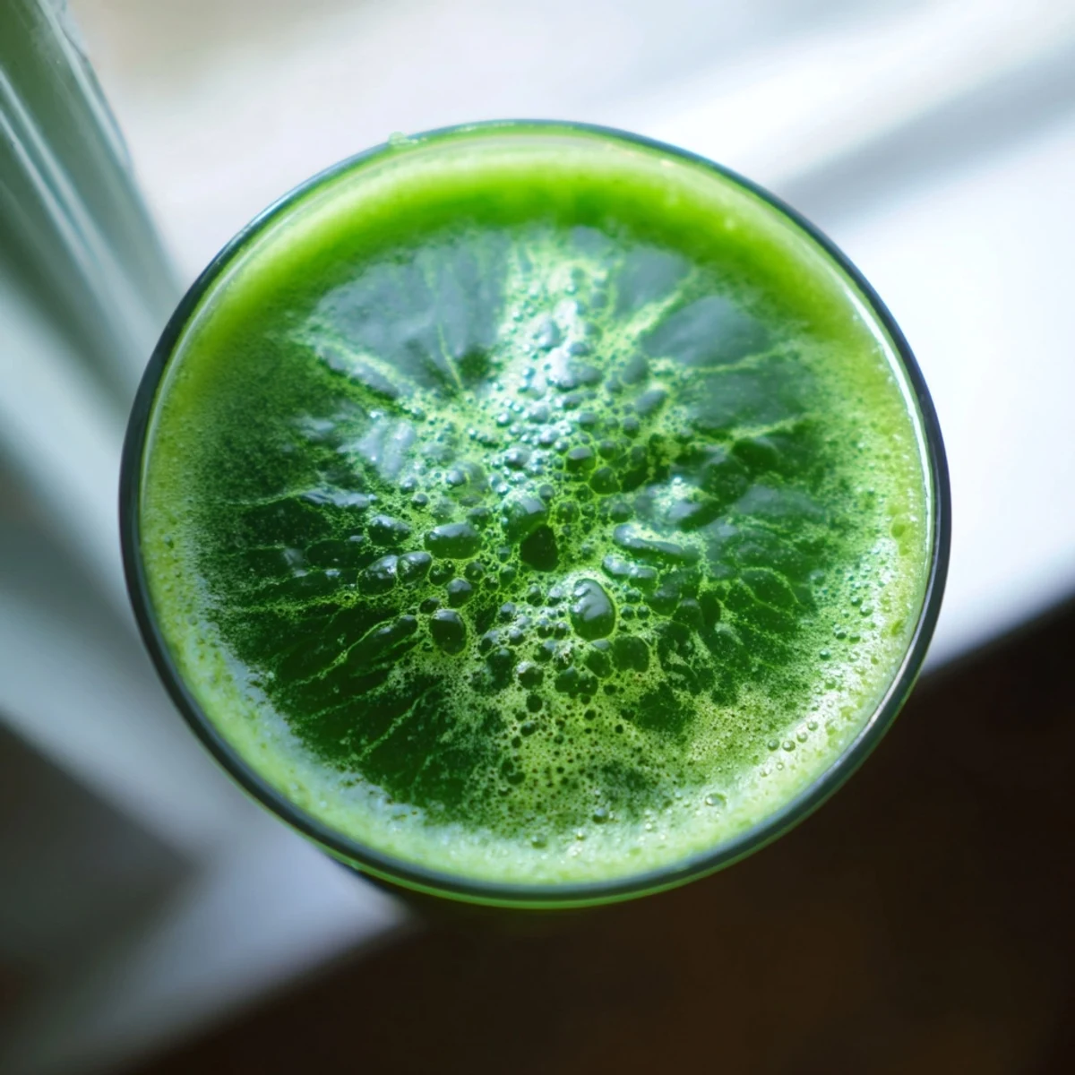 Freshly blended Cabbage and Kale Detox Juice in a glass with ice, featuring bright green hues and floating lemon zest for a zesty, nutrient-packed refreshment.
