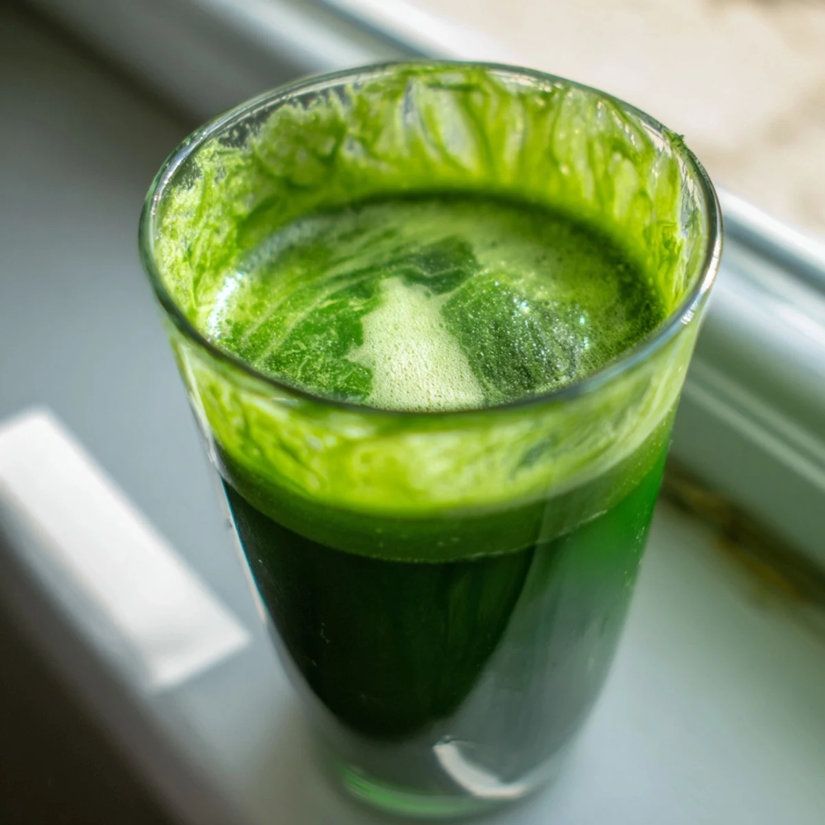 A tall glass of Cabbage and Kale Detox Juice garnished with a celery stalk and apple slice, showcasing its vibrant, detoxifying green color against a rustic backdrop.