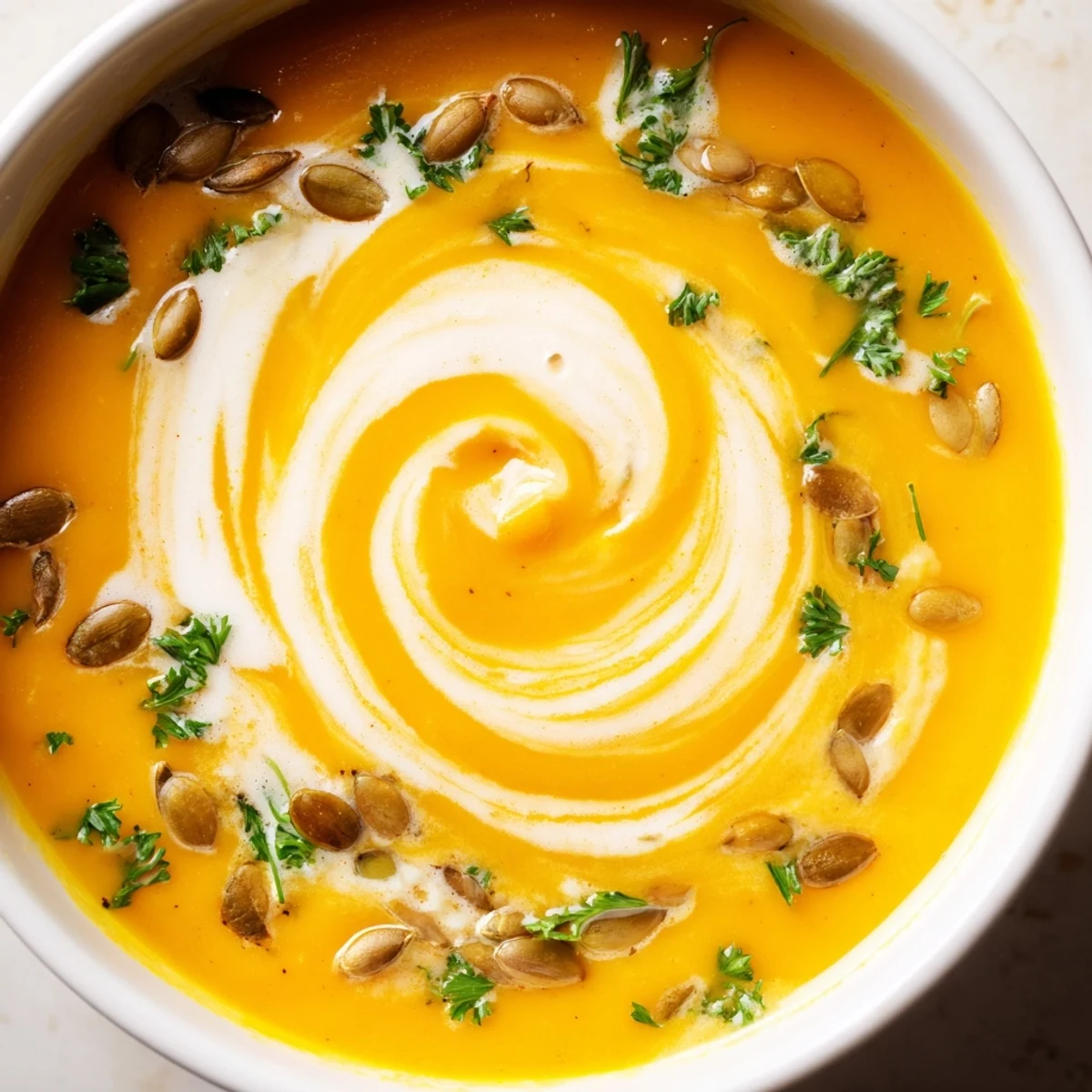 Velvety Butternut Squash Soup with roasted squash, carrots, and a hint of coconut milk, topped with pumpkin seeds.  