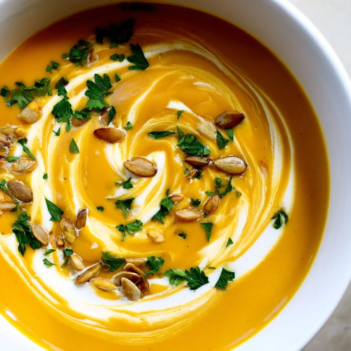 Healthy Butternut Squash Soup served hot with crusty bread, showcasing a vibrant orange purée and toasted pumpkin seeds.