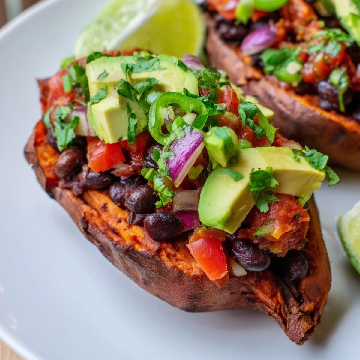 A close-up of Roasted Sweet Potatoes With Chipotle Black Beans and Zesty Tomato Salsa, revealing smoky bean texture and chunky, lime-infused salsa over fluffy sweet potato flesh.