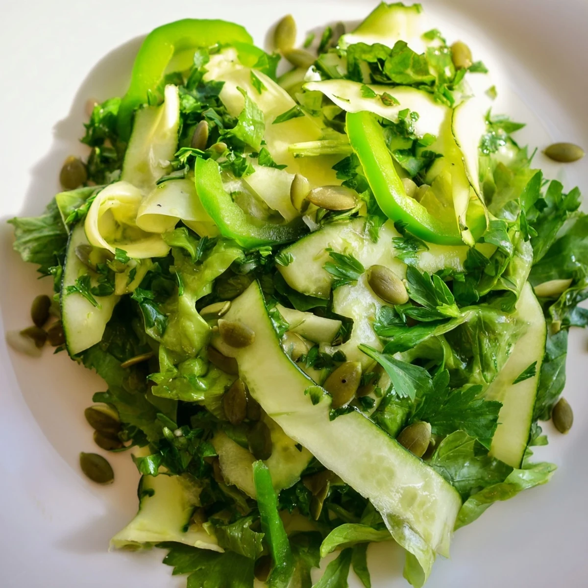 A freshly prepared Glowing Green Salad served as a light lunch, featuring hydrating celery, zucchini, and fresh parsley for vibrant color.