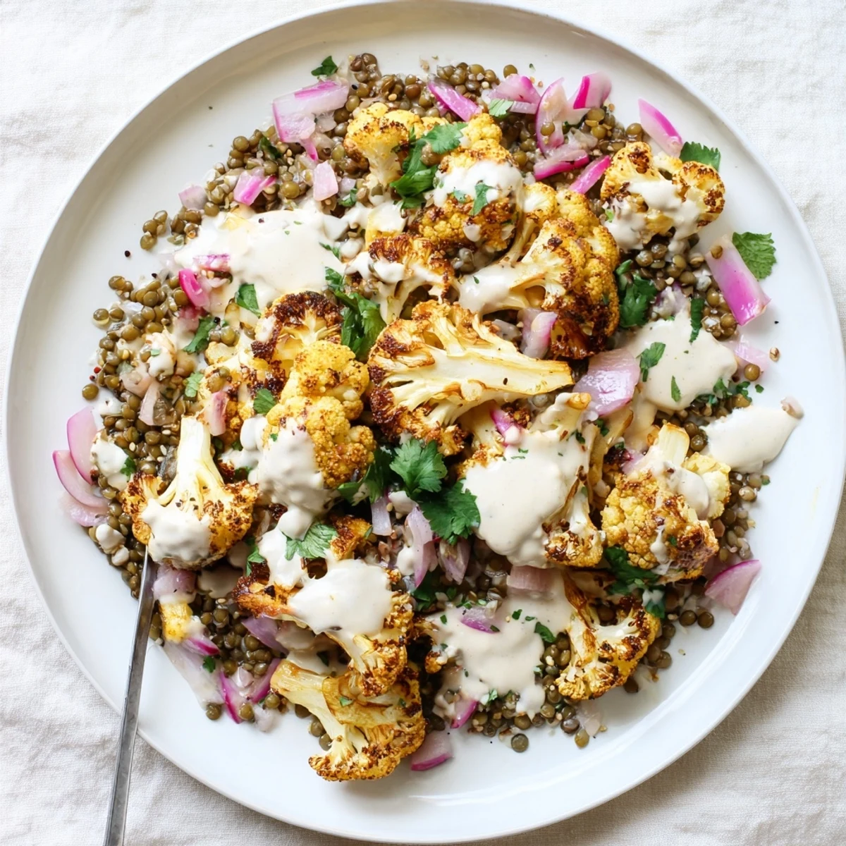 Golden-brown roasted cauliflower florets topped with creamy cumin tahini yogurt and bright lemon lentil salad, garnished with parsley and sesame seeds.