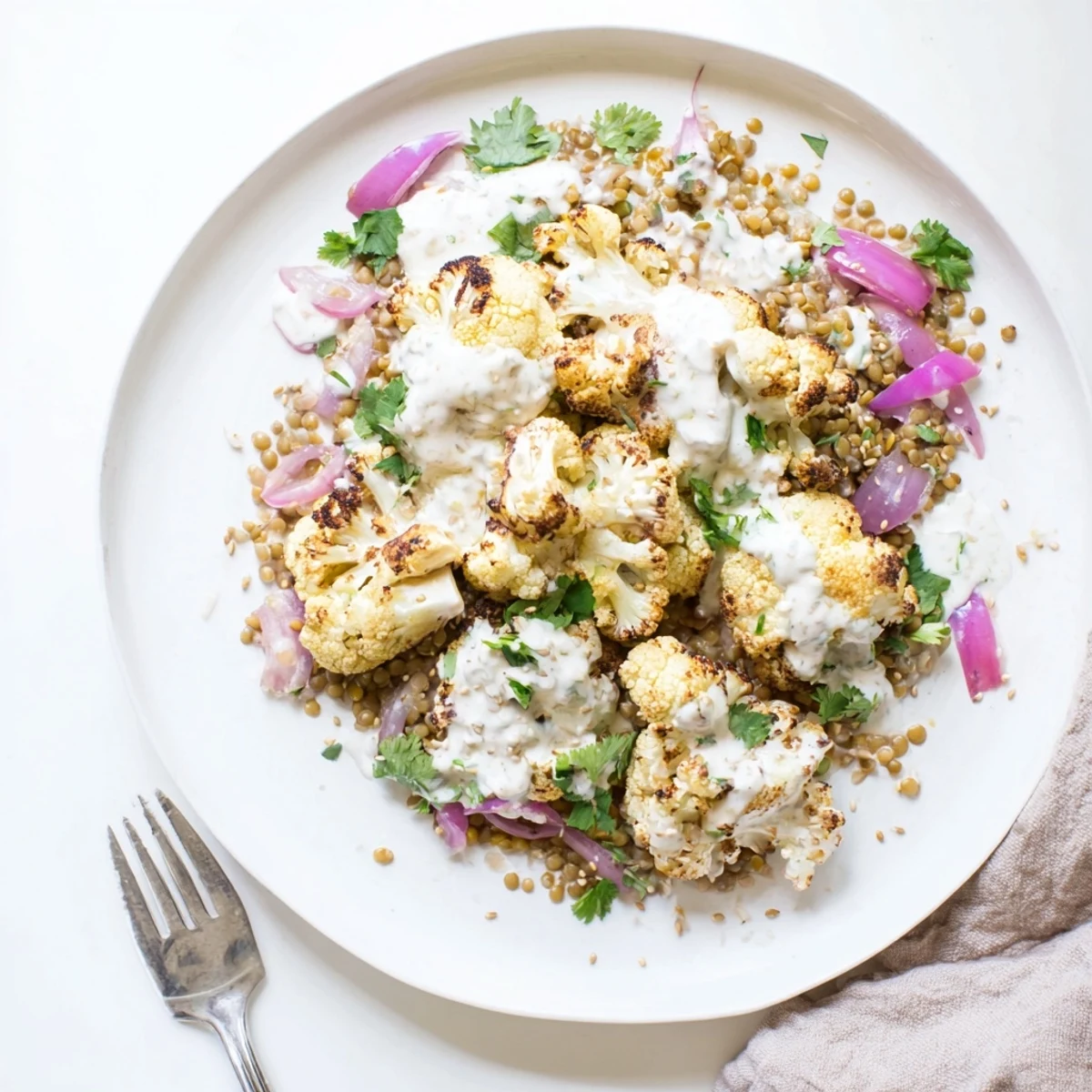 Hearty roasted cauliflower with lemon lentil salad and cumin tahini yogurt, served warm as a nutritious and colorful Middle Eastern-inspired main dish.