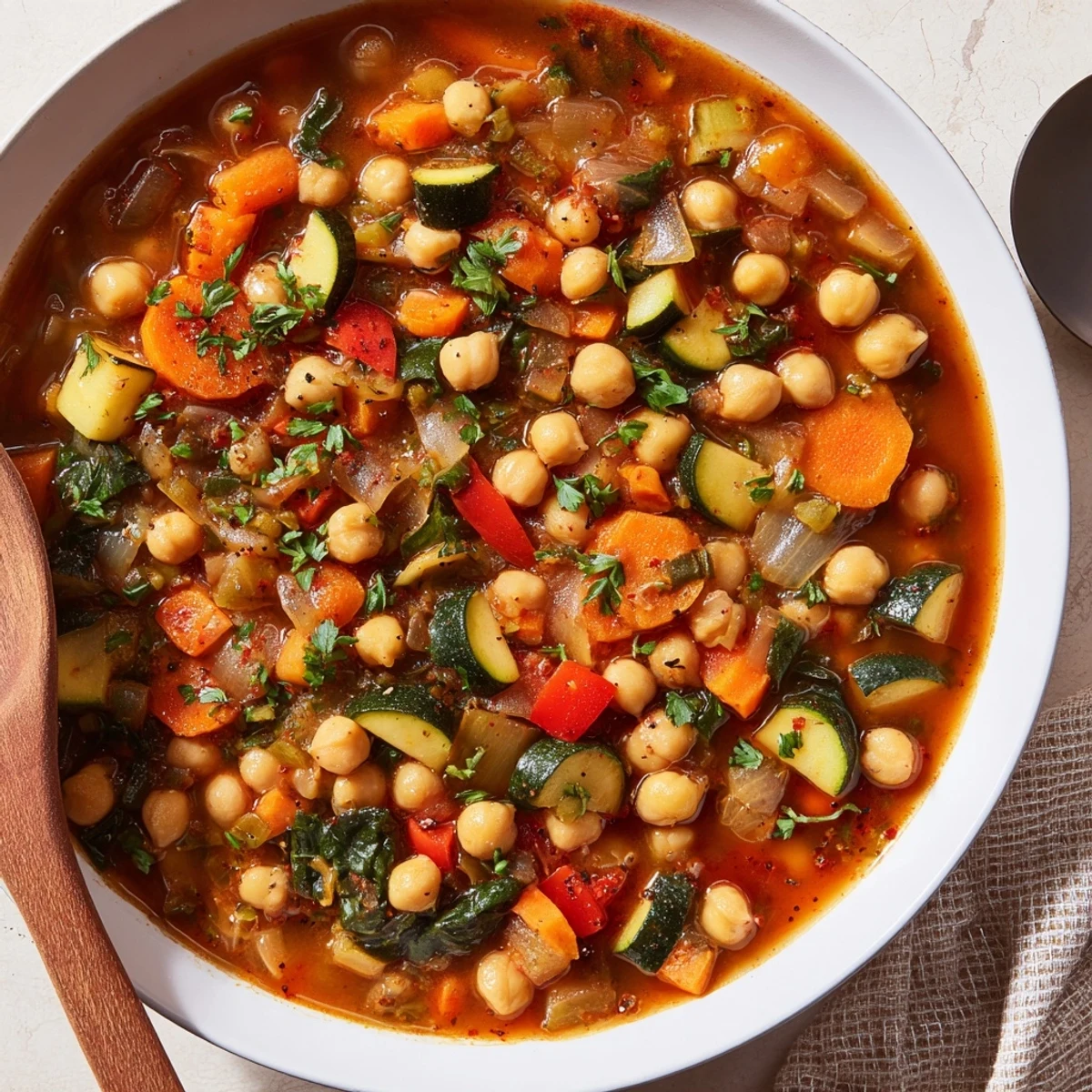 A steaming bowl of Spicy Chickpea Stew showcases tender chickpeas and wilted spinach in a rich, tomato-based broth garnished with fresh cilantro.