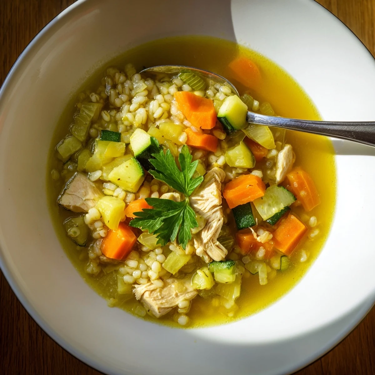Golden-hued Soothing Turmeric Chicken With Pearl Barley soup in a rustic bowl, garnished with fresh parsley and lemon wedges.