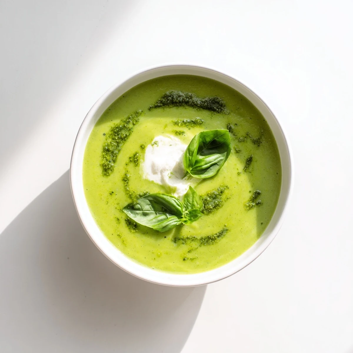 A vibrant bowl of Courgette, Pea and Pesto Soup garnished with fresh basil and a swirl of pesto.