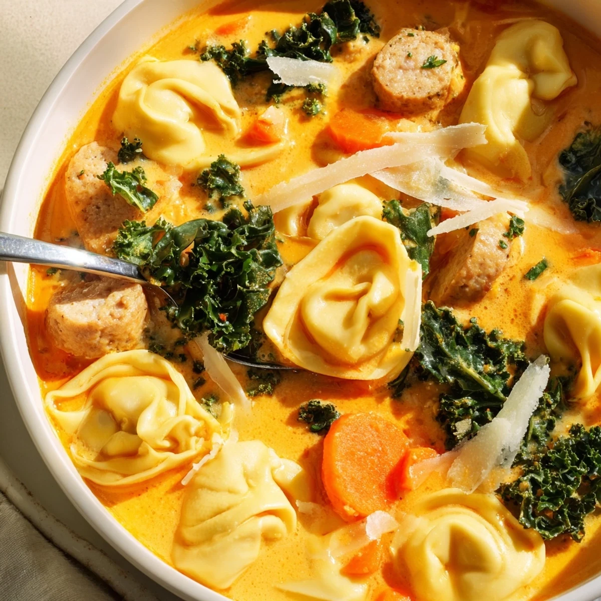 Creamy pumpkin tortellini soup with sliced chicken sausage and kale, served steaming in a rustic bowl.  