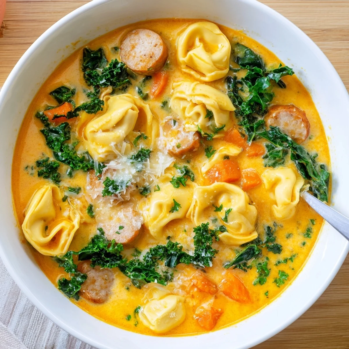 Hearty pumpkin tortellini soup with savory chicken sausage and kale, garnished with Parmesan and parsley.
