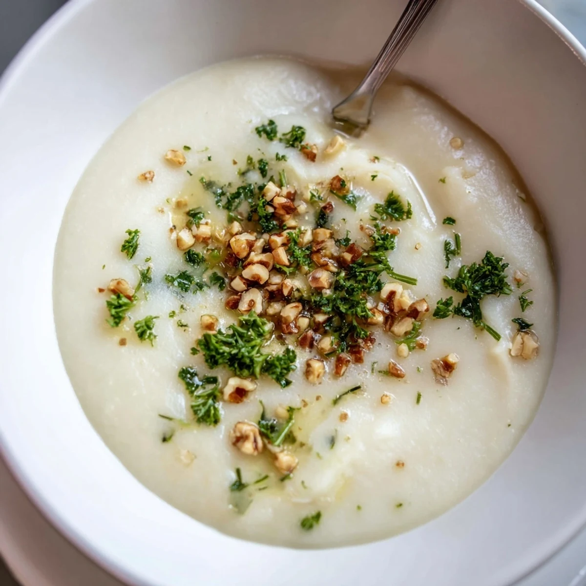 A warm bowl of Celeriac Soup With Hazelnut Crumble topped with toasted nuts and fresh parsley.