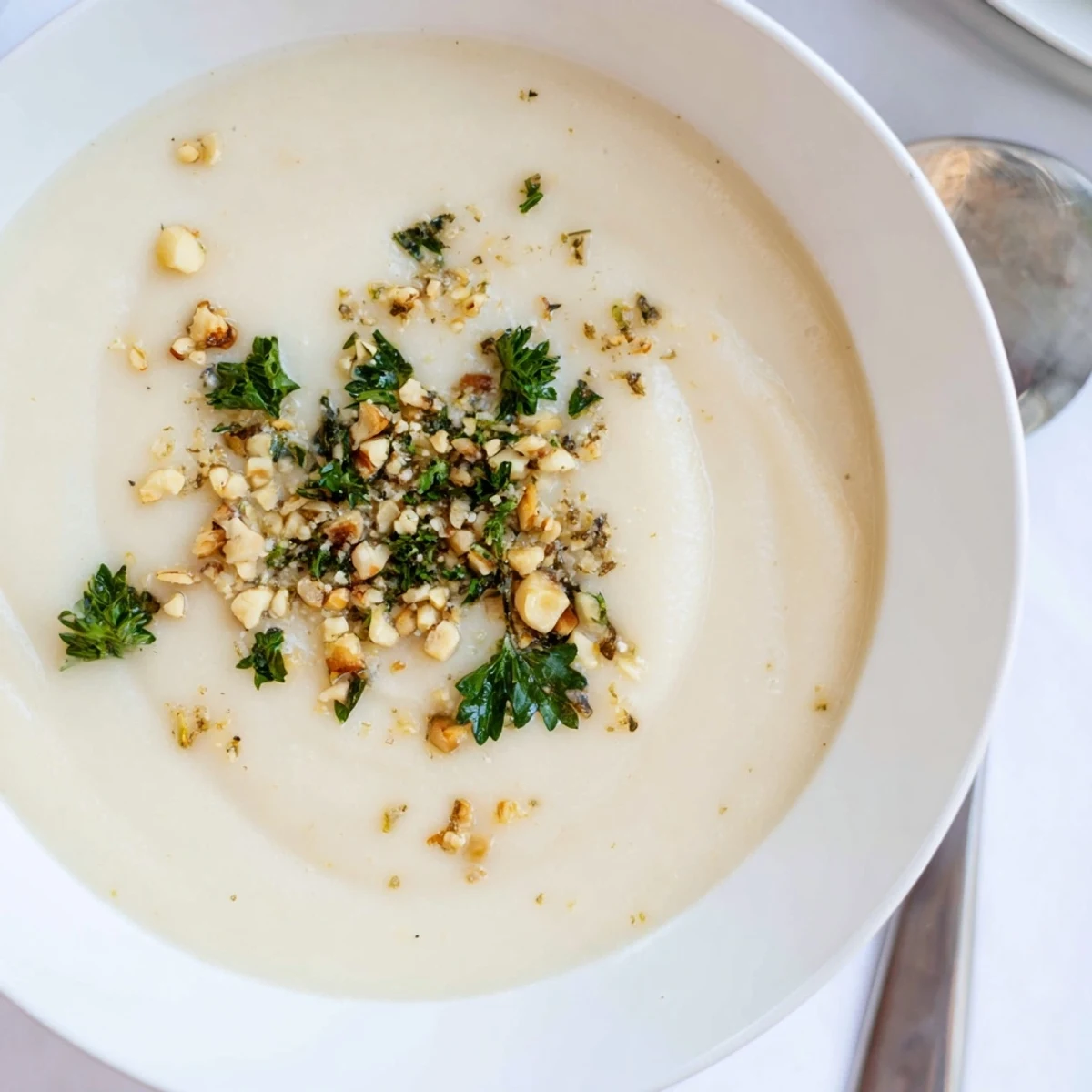 Silky smooth Celeriac Soup With Hazelnut Crumble garnished with buttery hazelnuts and a drizzle of olive oil.