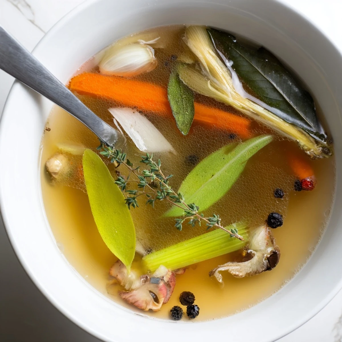 Fragrant homemade Vegetable Broth From Scraps simmering gently, with onion skins and carrot peels visible in the golden liquid.  