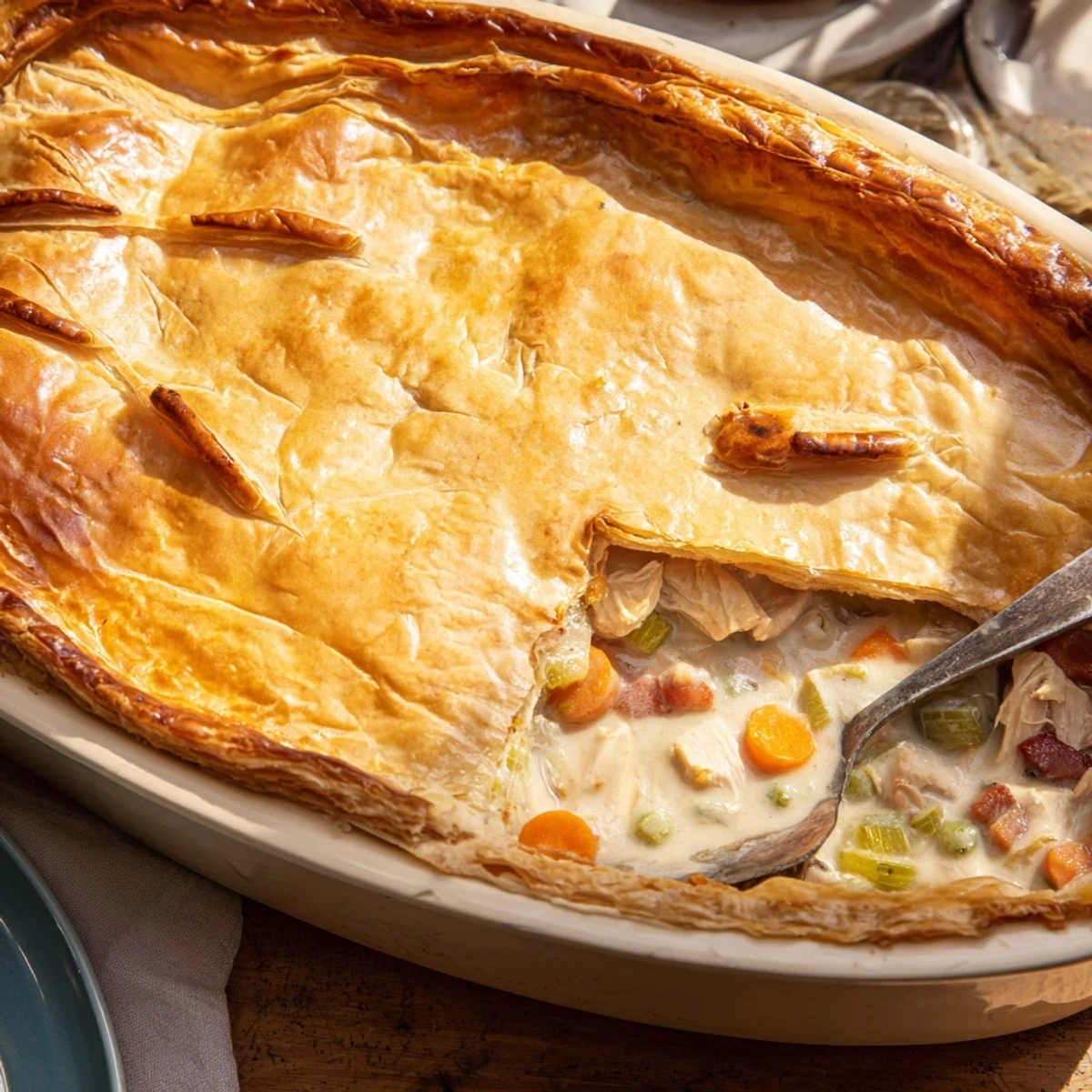 Sliced Chicken and Leek Pie shows tender chicken, sautéed leeks, and smoky bacon in a rich, creamy filling.