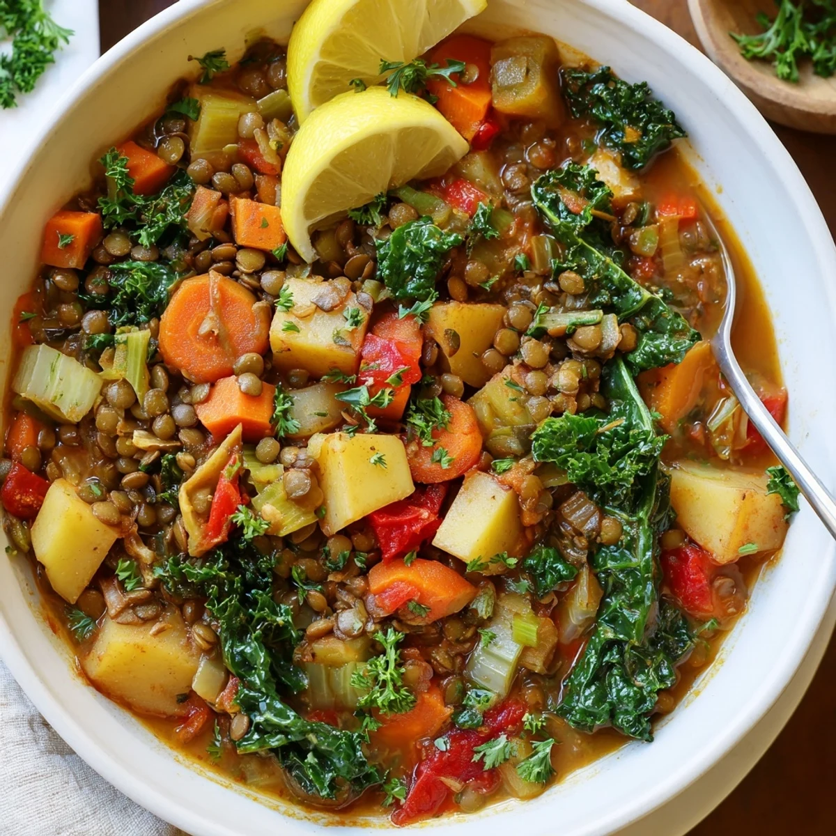Hearty Vegetarian Lentil Stew with smoky cumin and paprika, served hot with a bright squeeze of lemon.