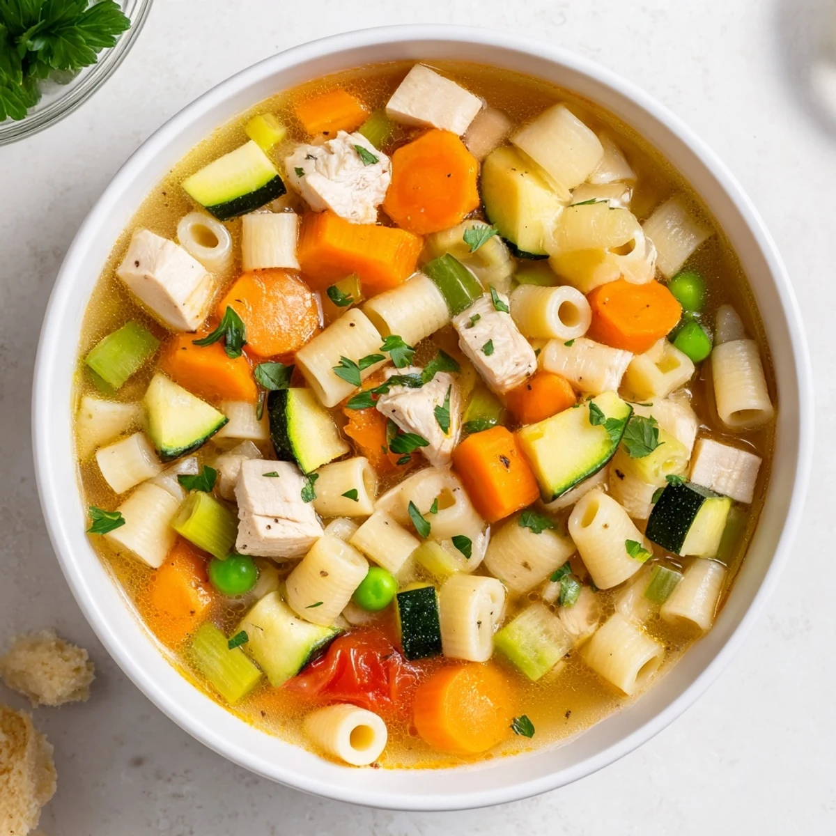 A steaming bowl of Pasta Soup With Chicken and Vegetables garnished with fresh parsley, ready to serve.