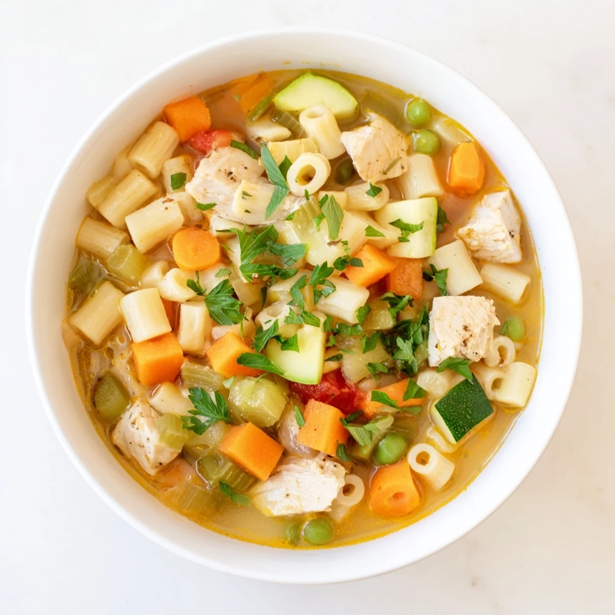 Close-up of Pasta Soup With Chicken and Vegetables featuring tender chicken and colorful diced veggies.