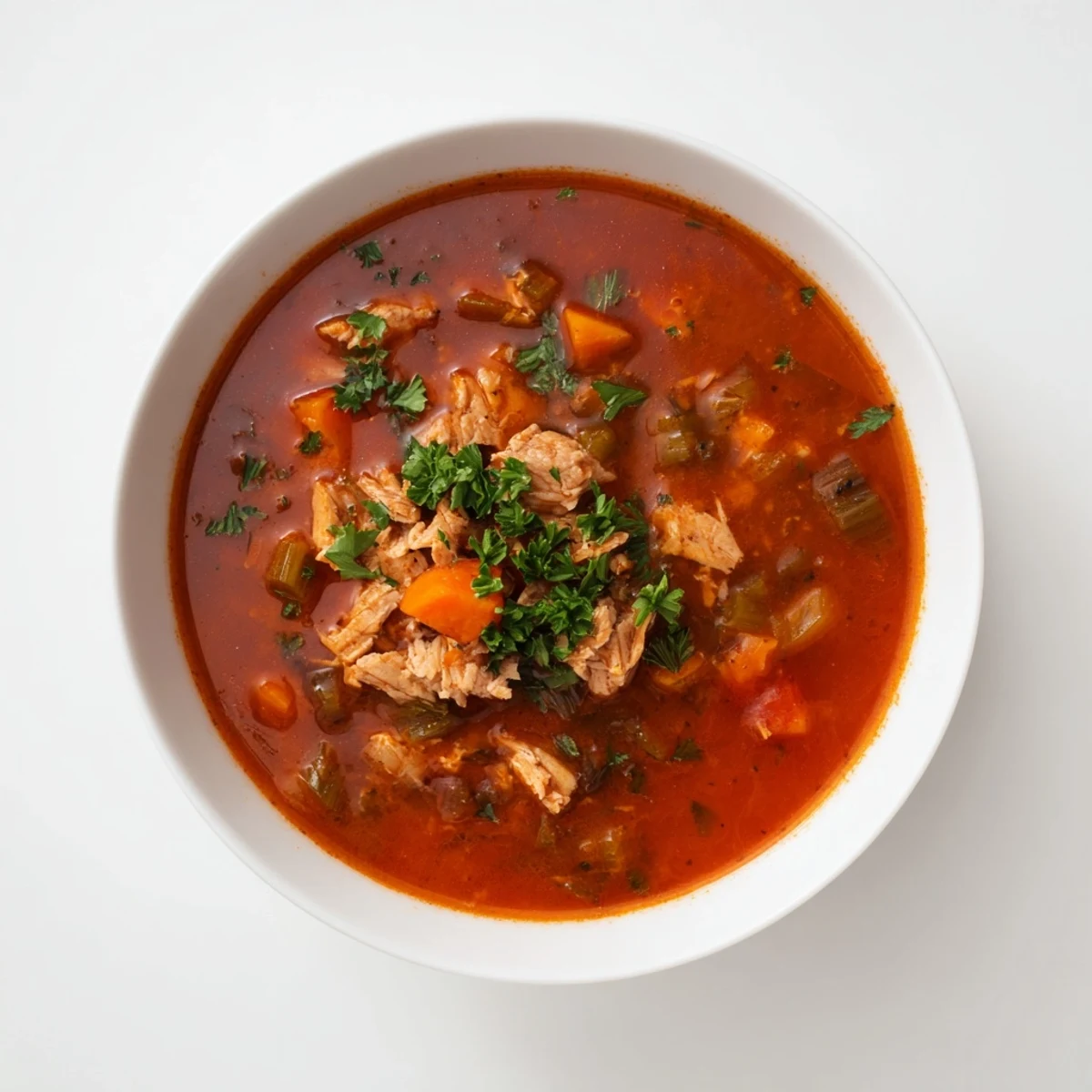 Hearty Italian-inspired Tuna and Tomato Soup in a rustic bowl, garnished with fresh basil and served beside crusty bread for dipping.  