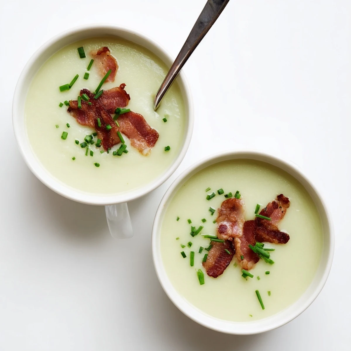 A bowl of Creamy Celeriac Soup with Crispy Bacon beside crusty bread and a glass of white wine.