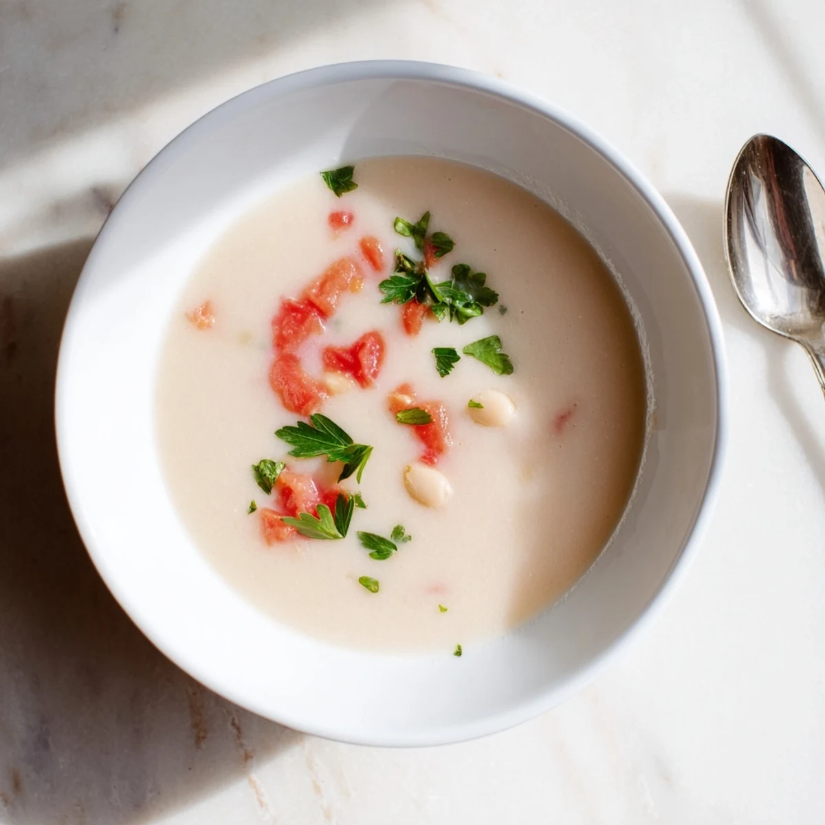 White Bean Soup with Tomato served in a rustic bowl, paired with crusty bread for dipping.