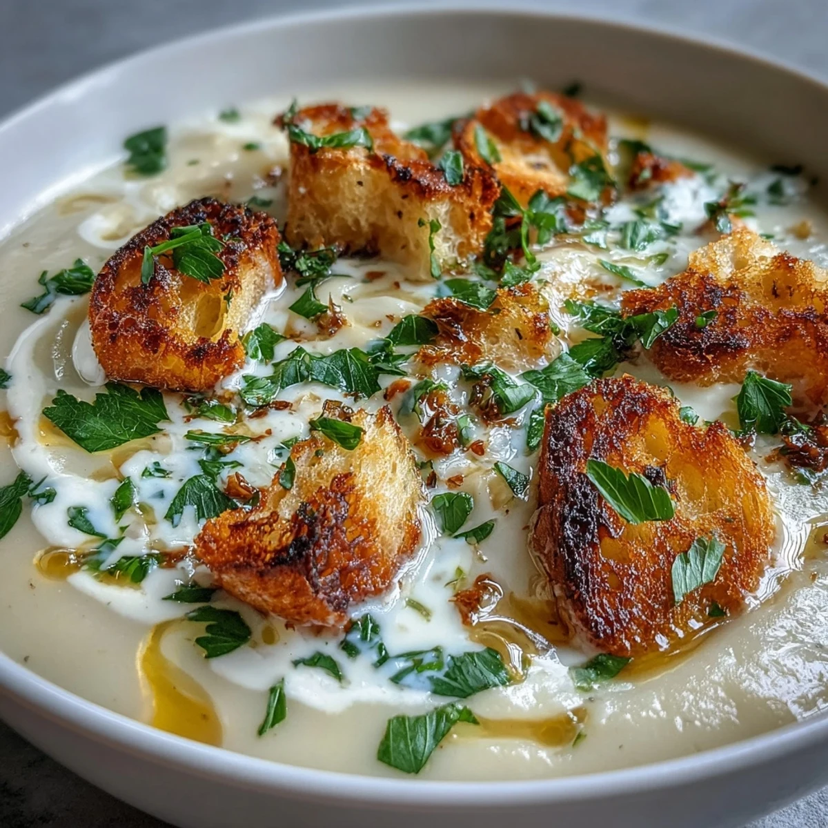 Creamy Roasted Garlic Soup topped with fresh parsley and golden croutons.