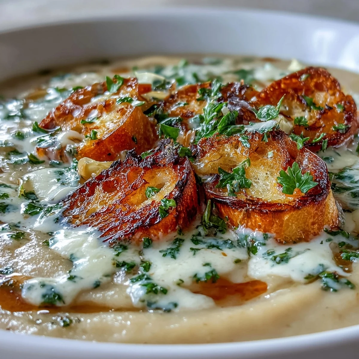Hearty Roasted Garlic Soup with soft, slow-roasted cloves and a hint of thyme.