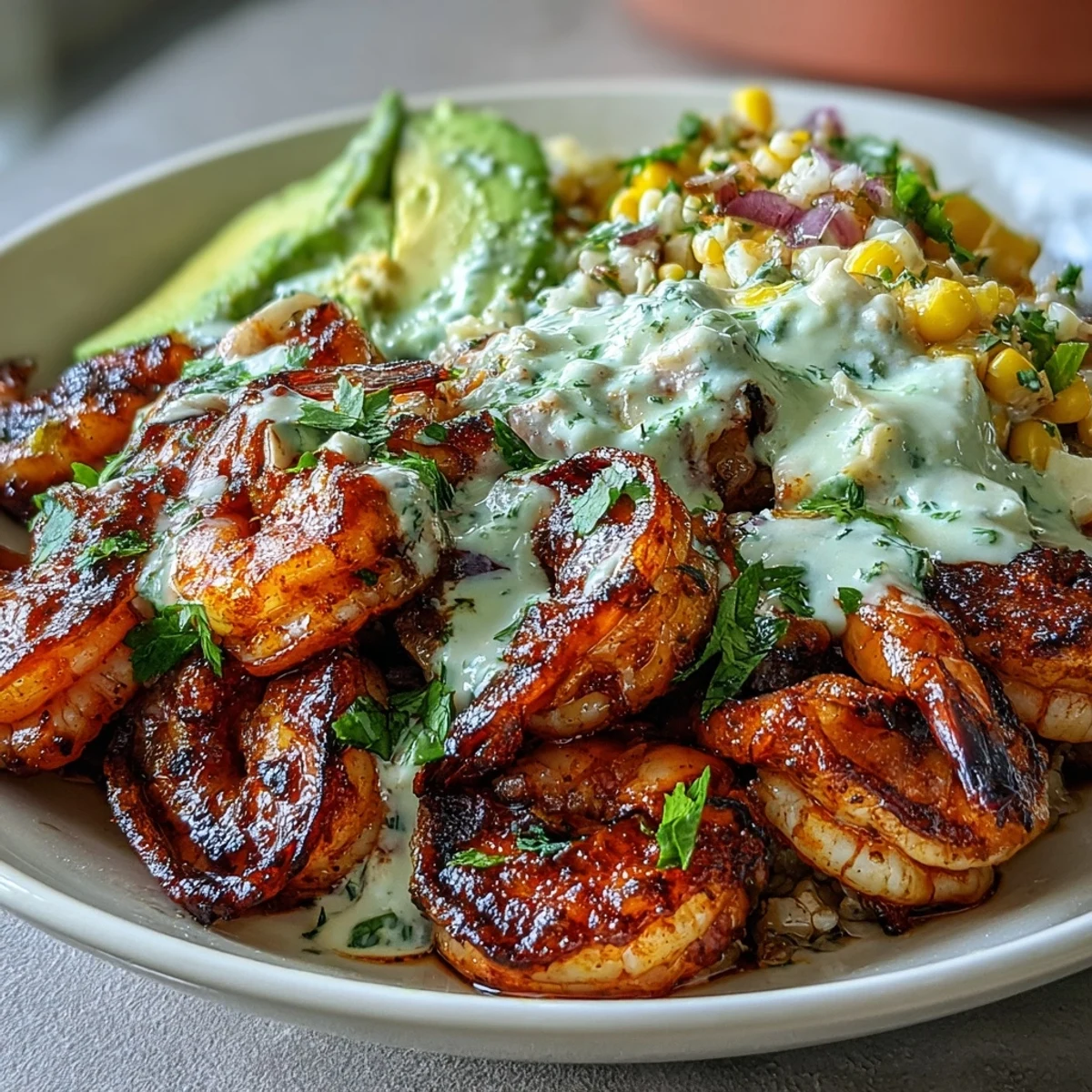 This Grilled Shrimp Bowl with Avocado, Corn Salsa & Creamy Garlic Sauce is served over rice, garnished with cilantro, and ready for a quick, flavorful meal.  