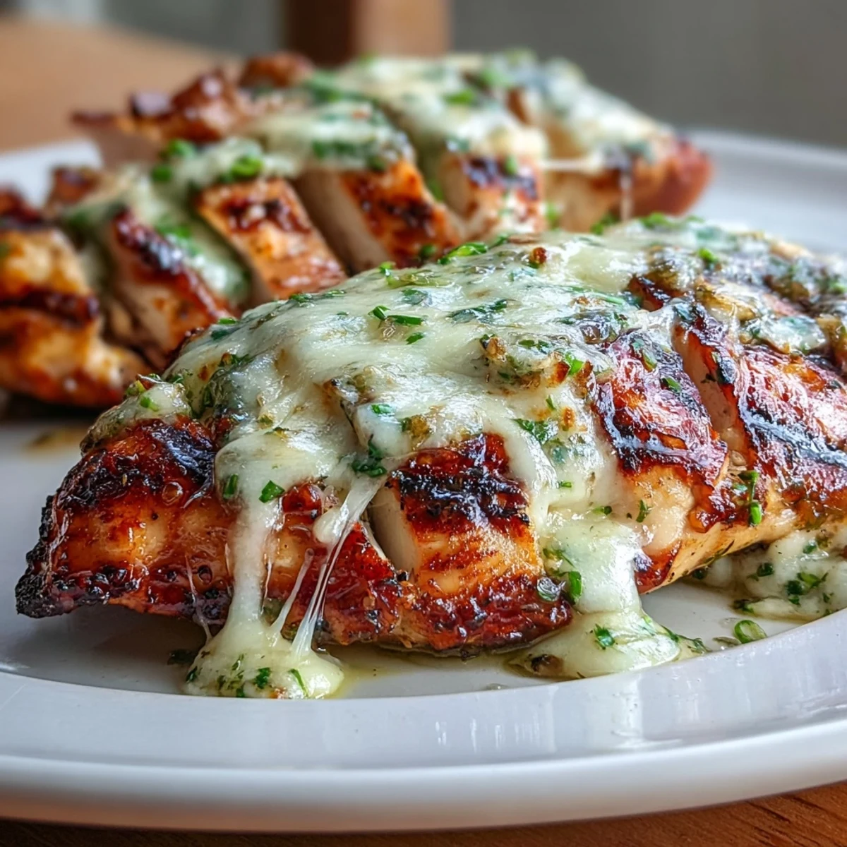 Juicy grilled salsa verde pepper jack chicken breasts, melted cheese topping on a grill with lime wedges.