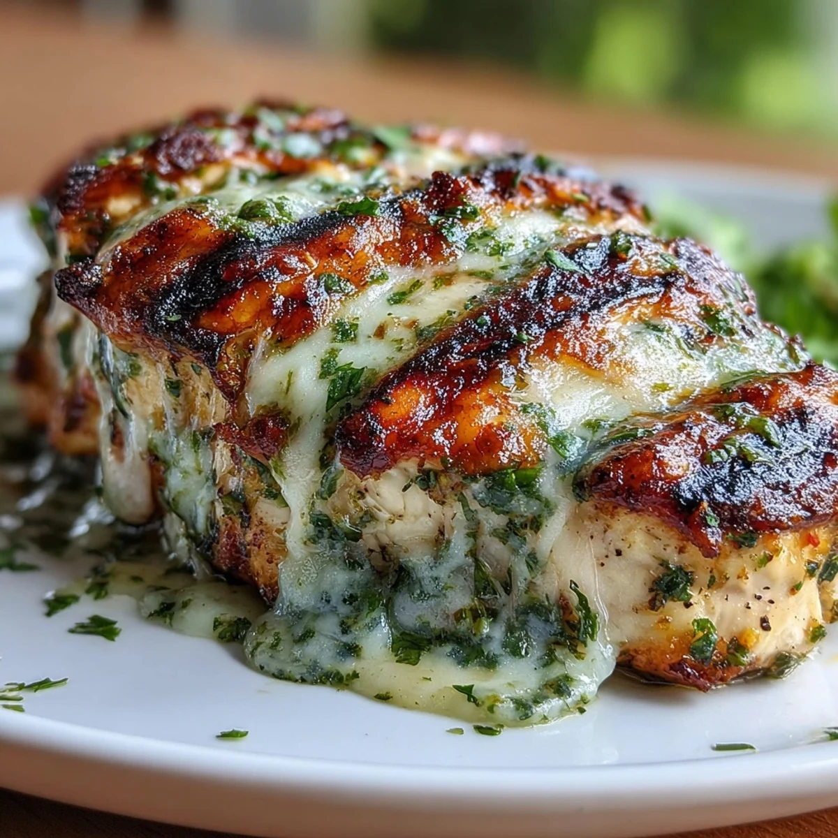 Close-up of grilled salsa verde pepper jack chicken, creamy melted cheese and cilantro garnish on a plate.