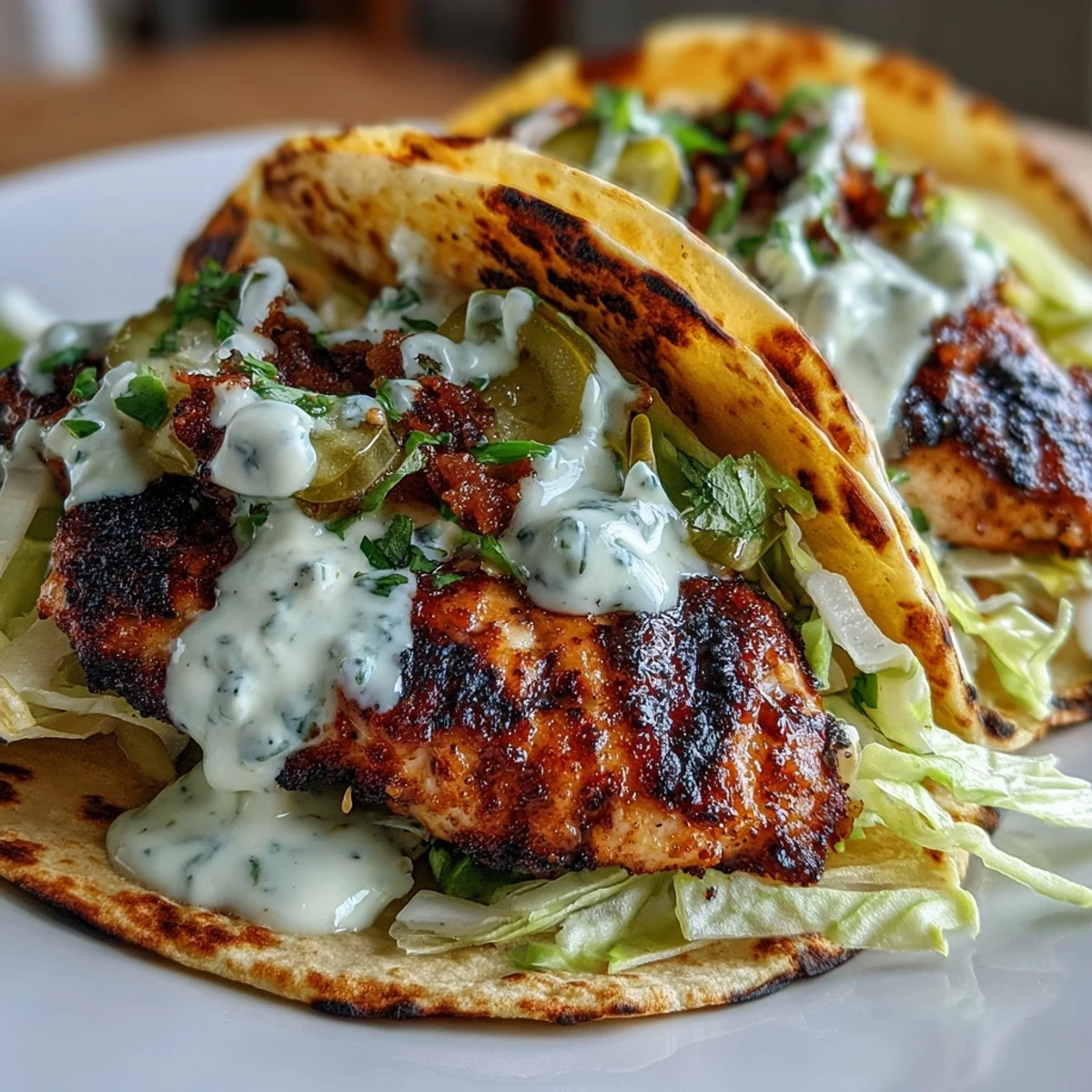 An overhead view of assembled Dill Pickle Ranch Smash Chicken Tacos with a drizzle of creamy ranch sauce.