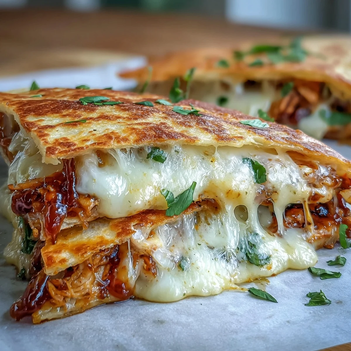 Close-up of Hot Honey BBQ Chicken Quesadillas showing gooey cheddar and mozzarella, sautéed bell peppers, and a drizzle of sweet and spicy BBQ sauce.