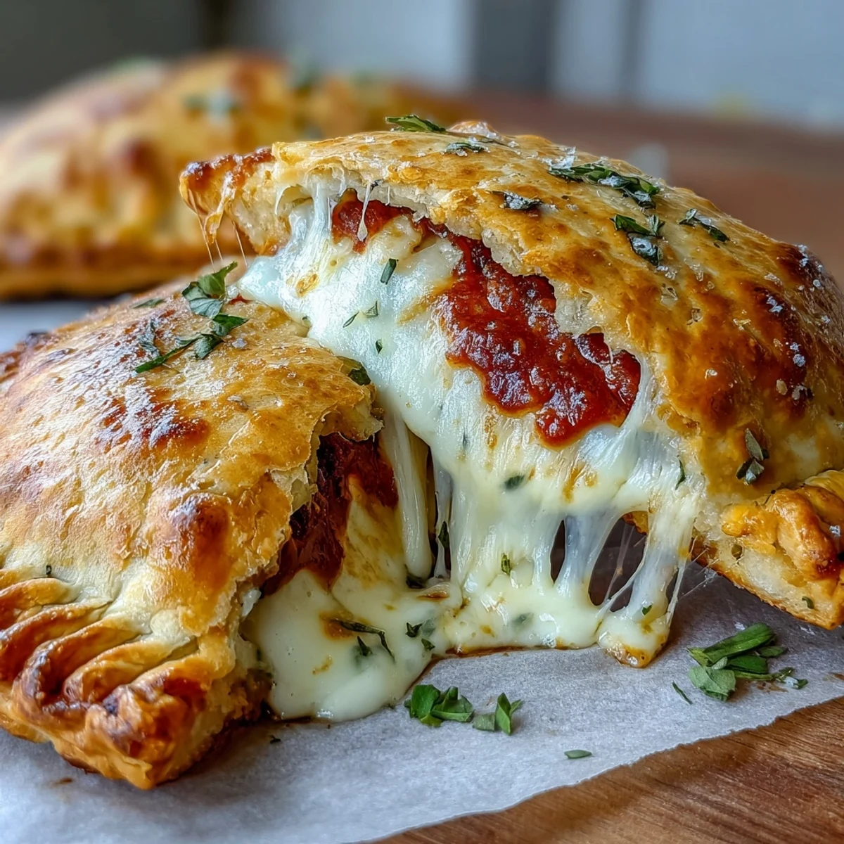 Close-up of a High Protein Pizza Hot Pocket broken open, revealing the steaming pizza sauce and mozzarella filling.
