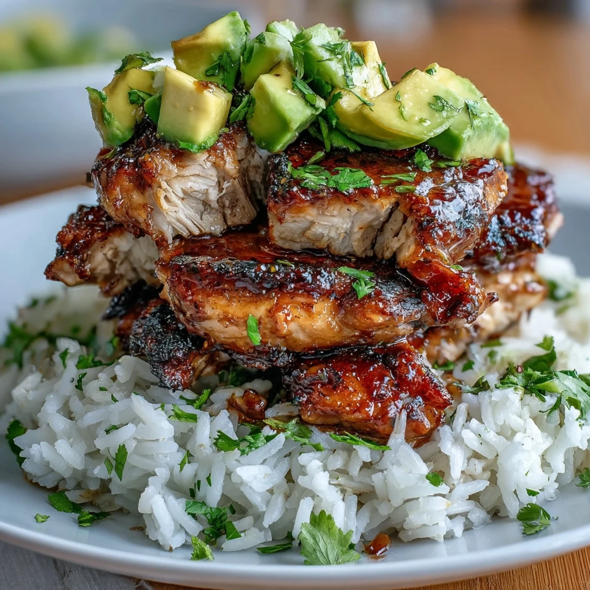 Sliced Tangy Honey Lime Chicken rests on a bed of jasmine rice with diced avocado and red onion, ready to serve.
