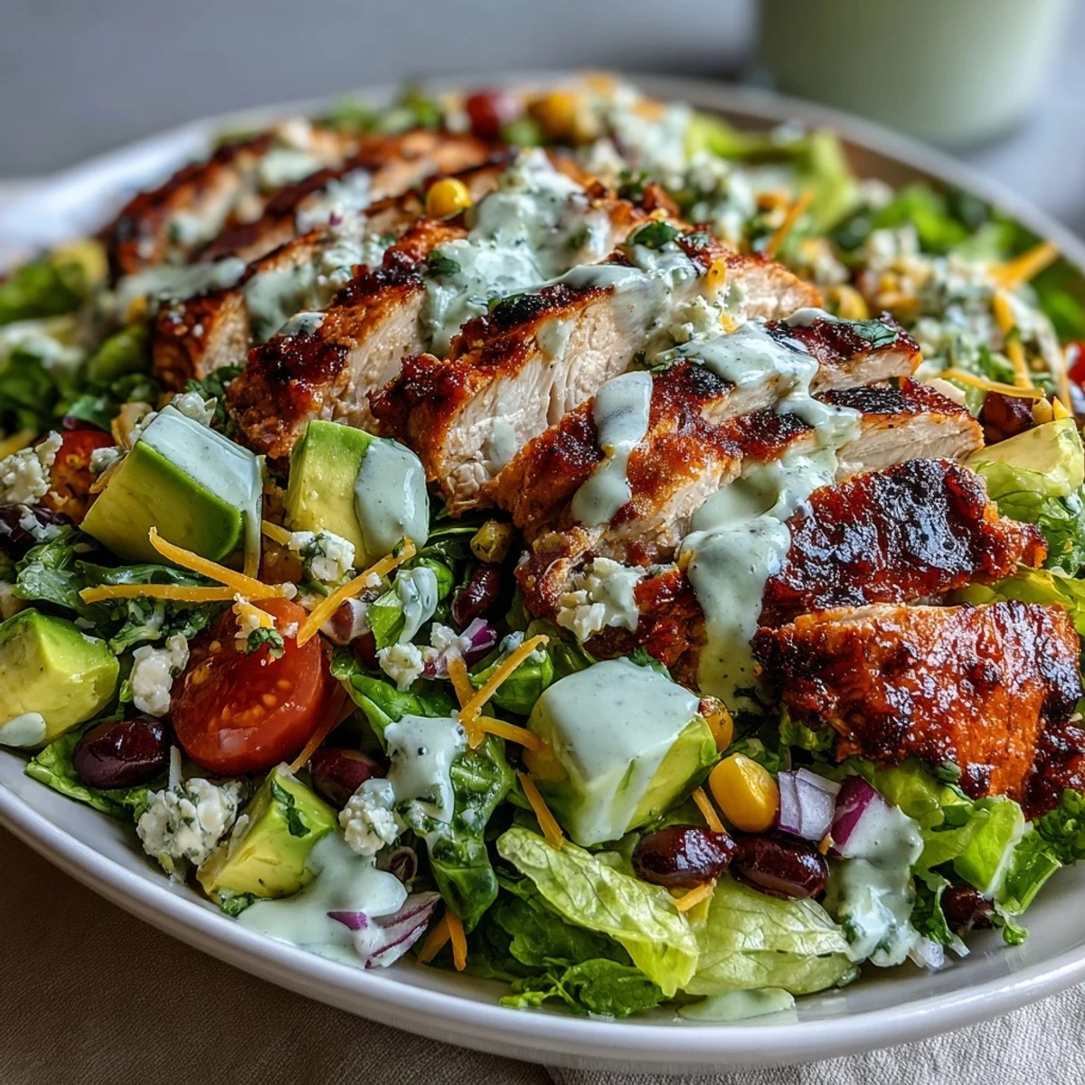 Chopped vegetables and shredded cheddar cheese top this High Protein Southwest Chicken Salad, served chilled in a rustic ceramic bowl.