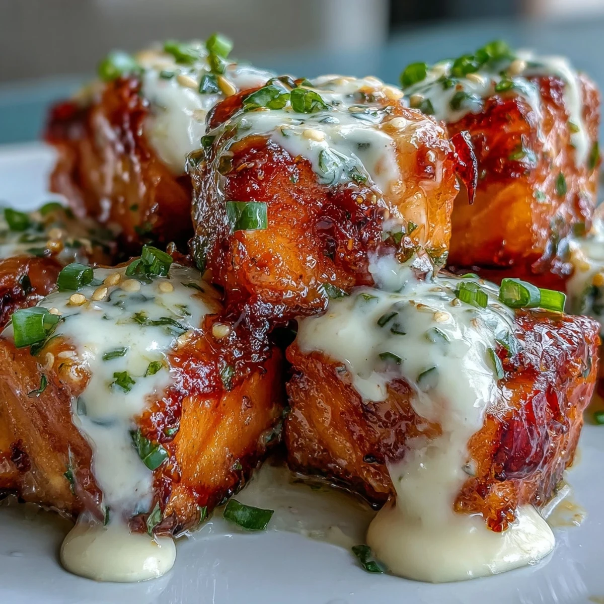 Tender pan-seared salmon cubes tossed in a sweet and spicy bang bang sauce, garnished with fresh green onions.