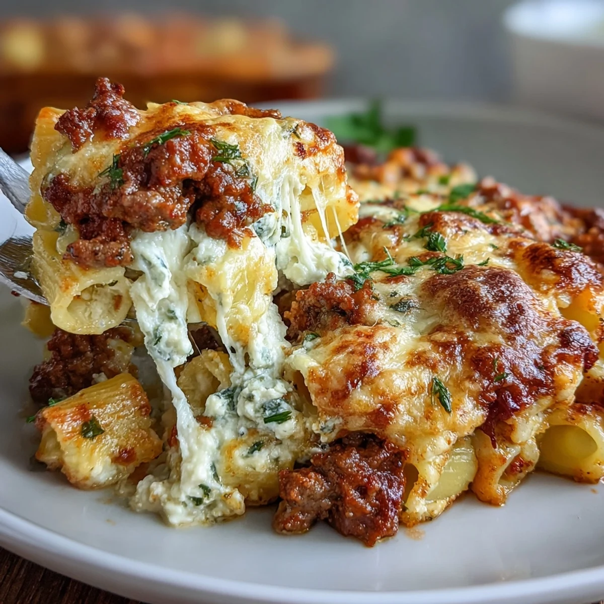 A close-up of a hearty Cottage Cheese Protein Pasta Bake with Ground Beef, featuring creamy layers of cottage cheese and whole wheat penne.  