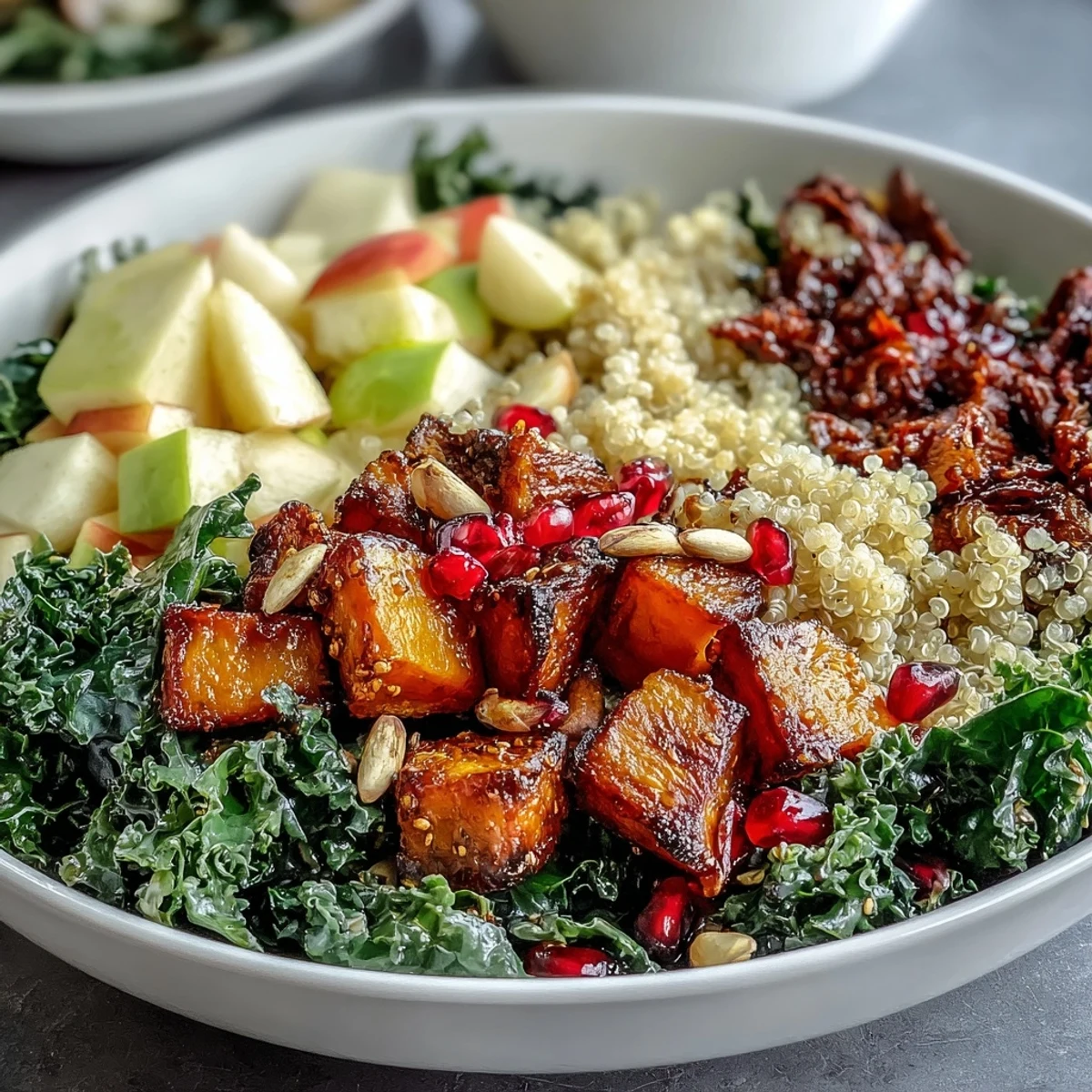 Vibrant Kale Harvest Grain Bowl bursting with roasted sweet potatoes, red apple, and pomegranate.