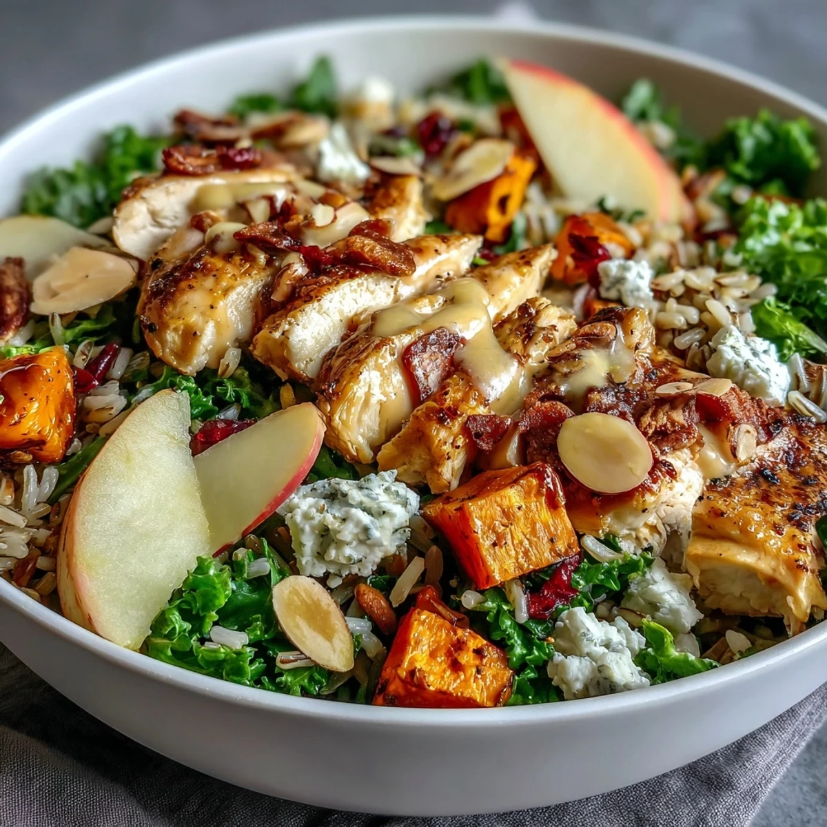 Vibrant Harvest Bowl with roasted chicken, sweet potatoes, and crunchy almonds.