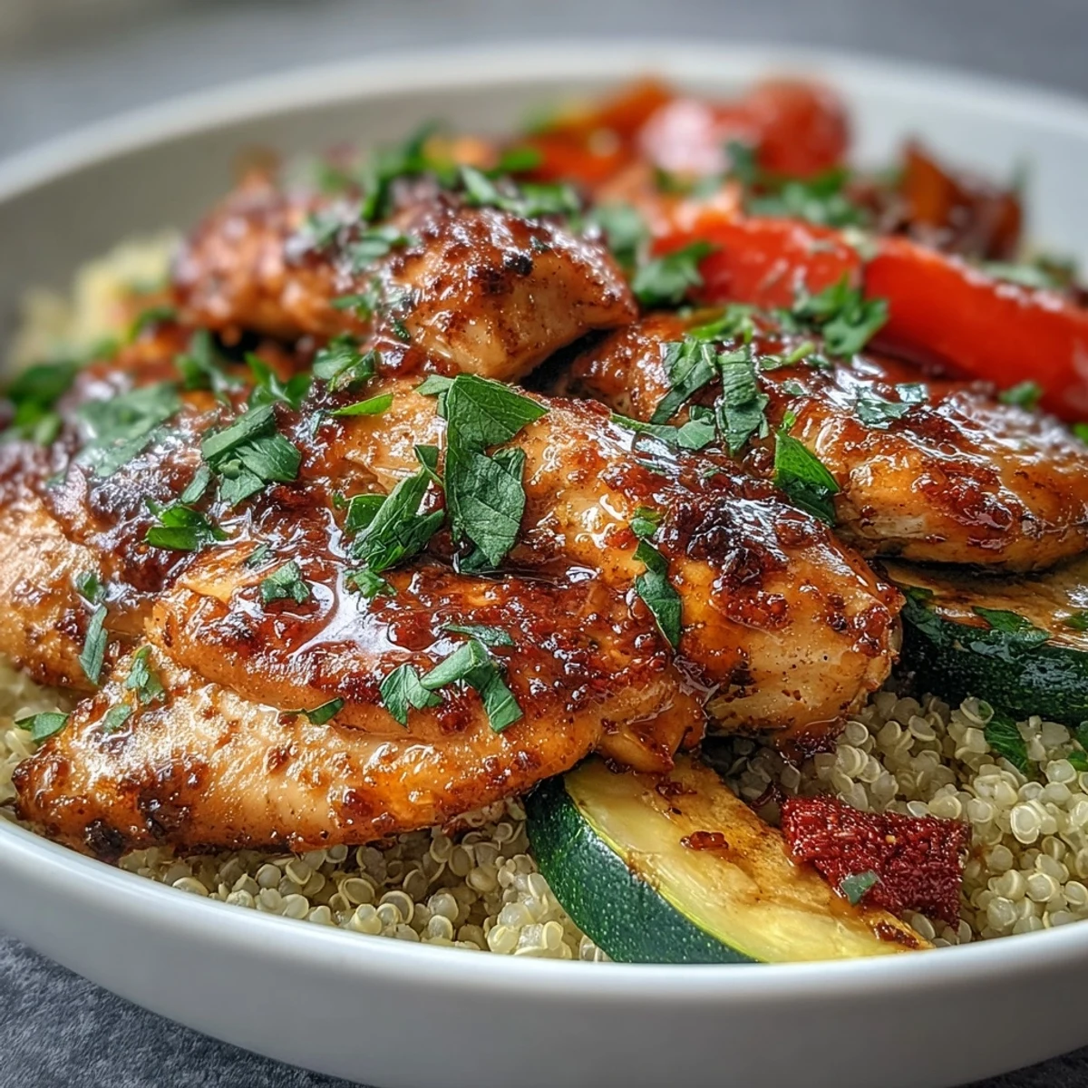 Juicy paprika seasoned chicken over vibrant roasted vegetables in a quinoa bowl.